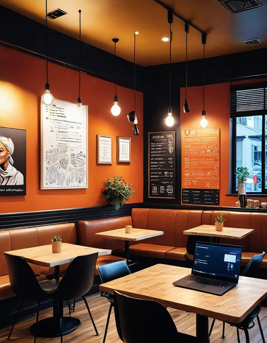 An engaging scene depicting a diverse group of bloggers actively discussing and sharing ideas in a cozy café, surrounded by laptops and notebooks. Bright, inviting colors to reflect creativity and collaboration, with charts and social media icons subtly integrated into the background. The warm ambiance leads viewers to feel inspired and connected. vibrant colors. cozy atmosphere. super-realistic.