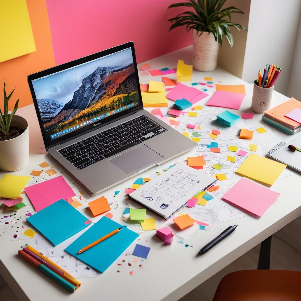 A vibrant workspace filled with creative tools such as a laptop, notepad, and colorful sticky notes. A lightbulb symbolizing ideas shines above, surrounded by ink splatters and typefaces floating in the air, representing engaging content creation. Bright colors amplify the inspiration and energy of a blogging journey, while a soft gradient background keeps the focus on the workspace. super-realistic. vibrant colors. 3D.