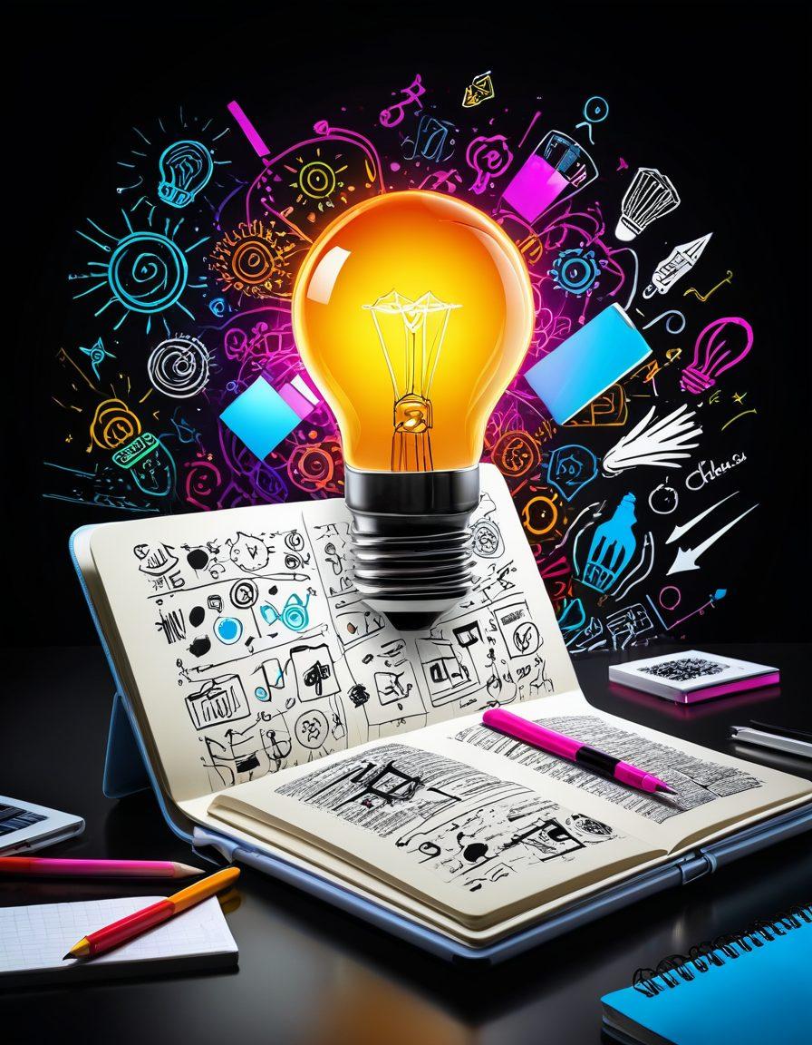An open notebook with vibrant, colorful sketches and ideas bursting forth, surrounded by digital devices like tablets and laptops showcasing emerging digital publishing concepts. Include a light bulb symbolizing creativity above the notebook, with abstract shapes and artistic textures surrounding it. The background should be bright and energetic, emphasizing innovation and creativity. super-realistic. vibrant colors. abstract elements.